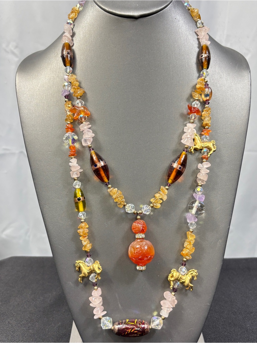 Beaded Gemstone Necklace Rose Quartz Citrine Carnelian Lamp Bead Horse Charm 22"